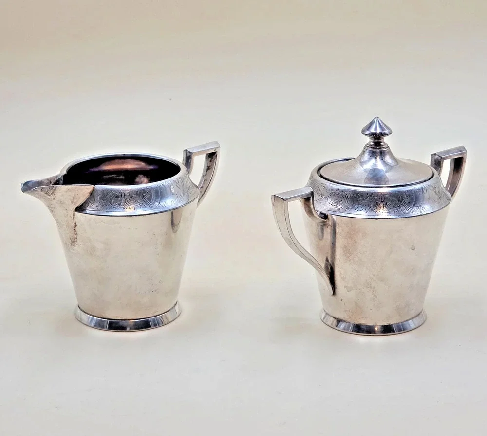 Vintage 1881 Rogers Silver Plate Creamer & Sugar Bowl Set 5016 w/ Lid Art Deco